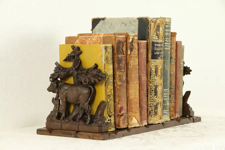 Main image of Black Forest Antique Carved Adjustable Folding Bookshelf, Carved Cows