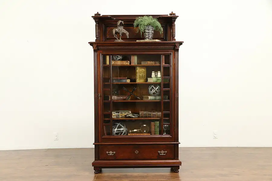 Main image of Victorian Eastlake Antique Walnut & Burl Library Bookcase, Wavy Glass