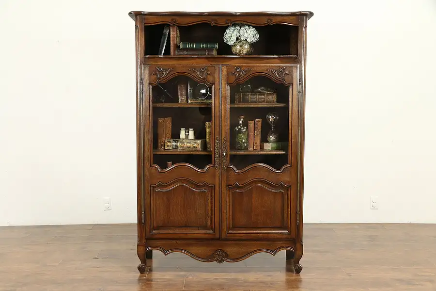 Main image of Country French Antique Hand Carved Oak Bookcase or China Cabinet