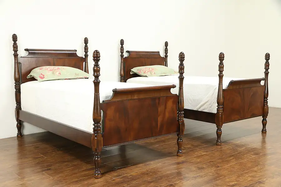 Main image of Pair of Antique 1920 Mahogany Twin Poster Beds, Scrolled Headboards