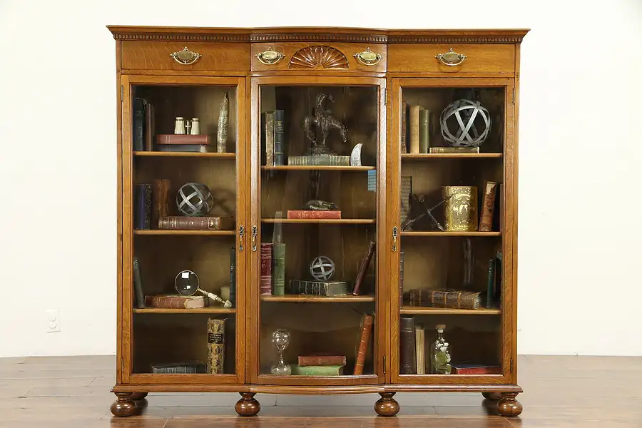 Main image of Oak Quarter Sawn Antique Triple Library Bookcase, Curved Wavy Glass