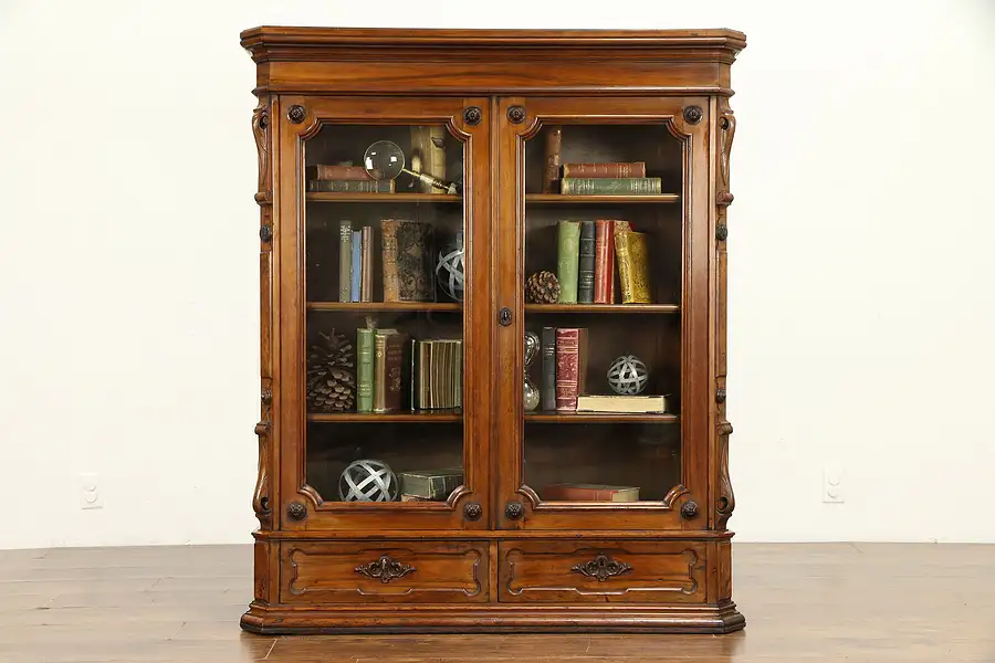 Main image of Victorian Antique 1880 Carved Walnut Library Bookcase, Adjustable Shelves