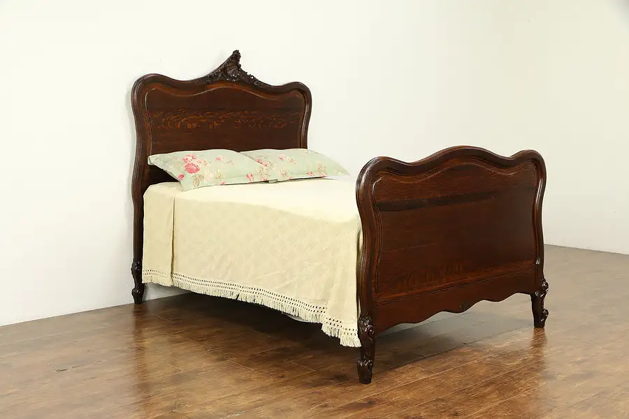 Main image of French Quarter Sawn Oak Antique Full Size Bed, Carved Raised Panels