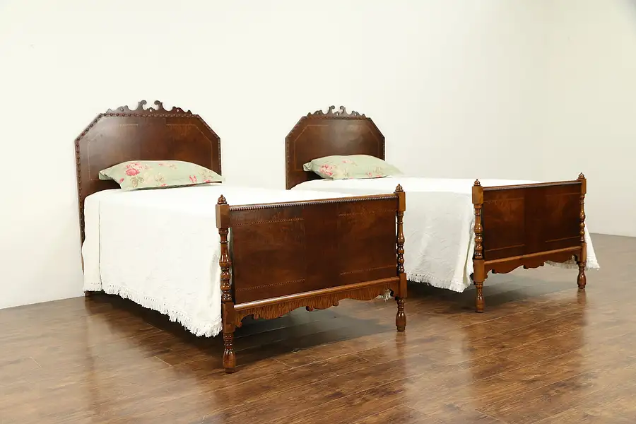 Main image of Pair of English Tudor Walnut & Curly Maple Antique Twin or Single Beds