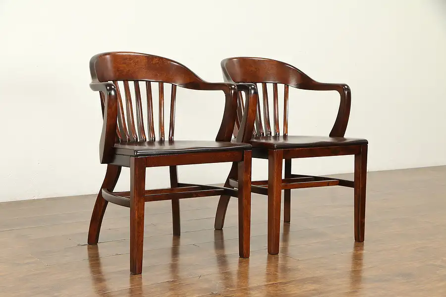 Main image of Pair of 1910 Antique Birch Hardwood Banker, Desk or Office Chairs A