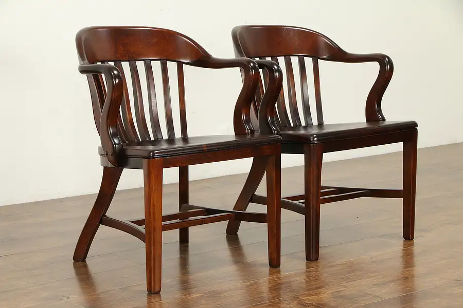 Main image of Pair of 1910 Antique Birch Hardwood Banker, Desk or Office Chairs C