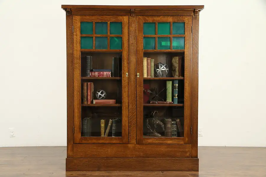 Main image of Arts & Crafts Mission Oak 1905 Antique Bookcase, Green Glass