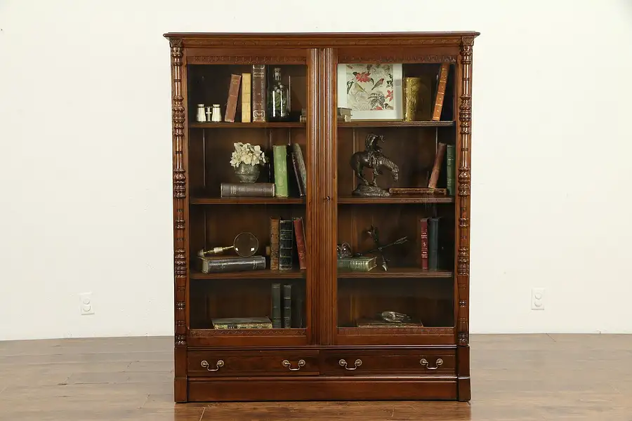 Main image of Victorian Carved Walnut Bookcase, Wavy Glass, Adjustable Shelves