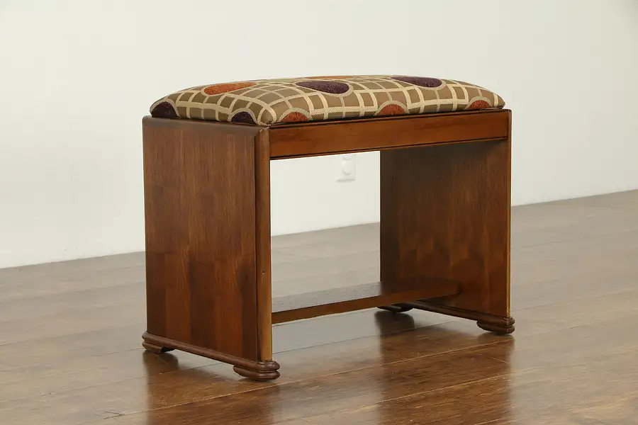 Main image of Art Deco 1930's Vintage Walnut Bench, New Upholstery