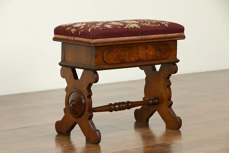 Main image of Victorian Antique Carved Walnut Slipper Bench, Needlepoint Upholstery