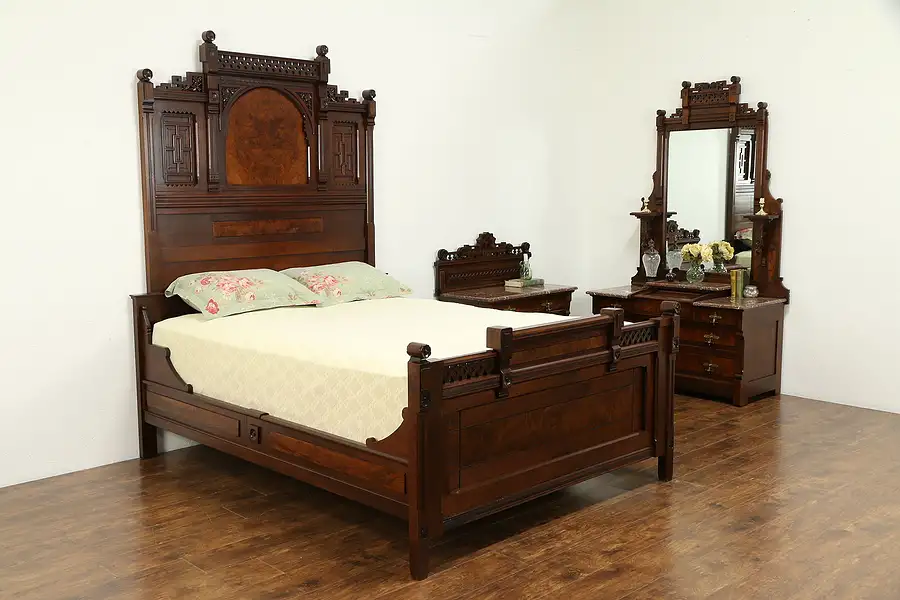 Main image of Victorian Eastlake Antique Queen Size Walnut 3 Pc Bedroom Set Marble Tops