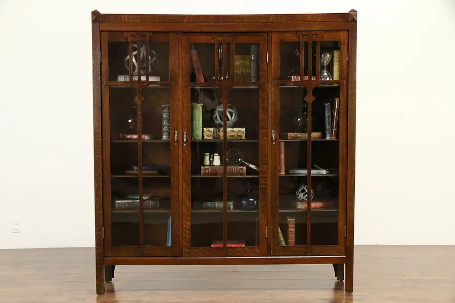 Main image of Arts & Crafts Mission Oak Antique Craftsman Triple Library Bookcase