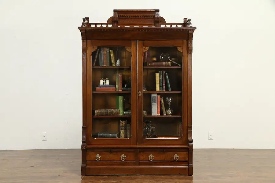 Main image of Victorian Eastlake Antique Walnut Library Bookcase