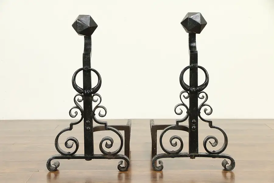 Main image of Pair of Hand Wrought Iron Large Antique Fireplace Andirons