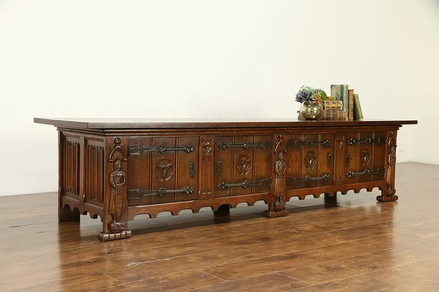 Main image of Oak Antique Low Cabinet, Window Bench, TV Console, Gothic Carved Knights