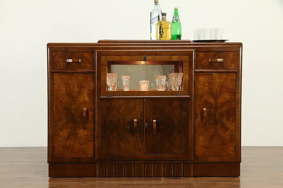 Main image of Art Deco Italian Vintage Burl Walnut Bar Cabinet or Sideboard, Lighted