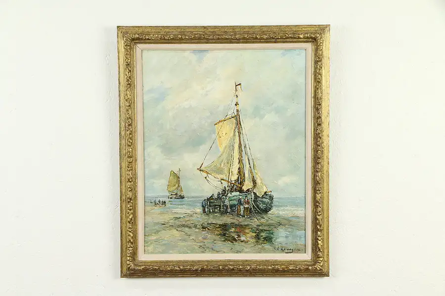 Main image of Beached Fishing Boat, Original Antique Dutch Oil Painting, Willem 1891