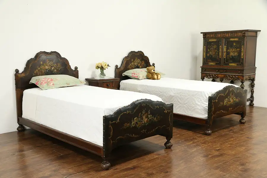 Main image of Bedroom Set, Twin Beds, Nightstand, Chest, Hand Painted Leather Widdicomb