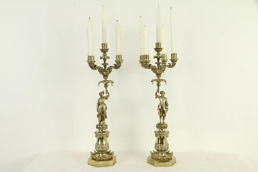 Main image of Pair of Antique Brass 5 Light Candelabra, Servants Holding Umbrellas