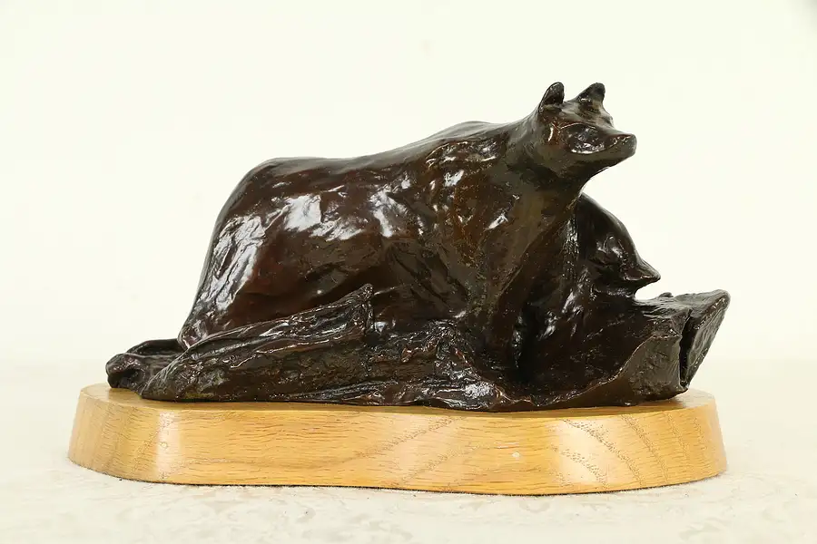 Main image of Bronze Bear Sculpture, Vintage Statue, Oak Base