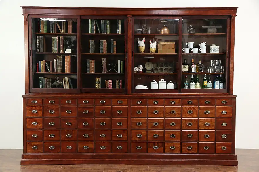 Main image of Apothecary Drug Store Antique Cabinet, 60 Drawers, Sliding Glass Doors