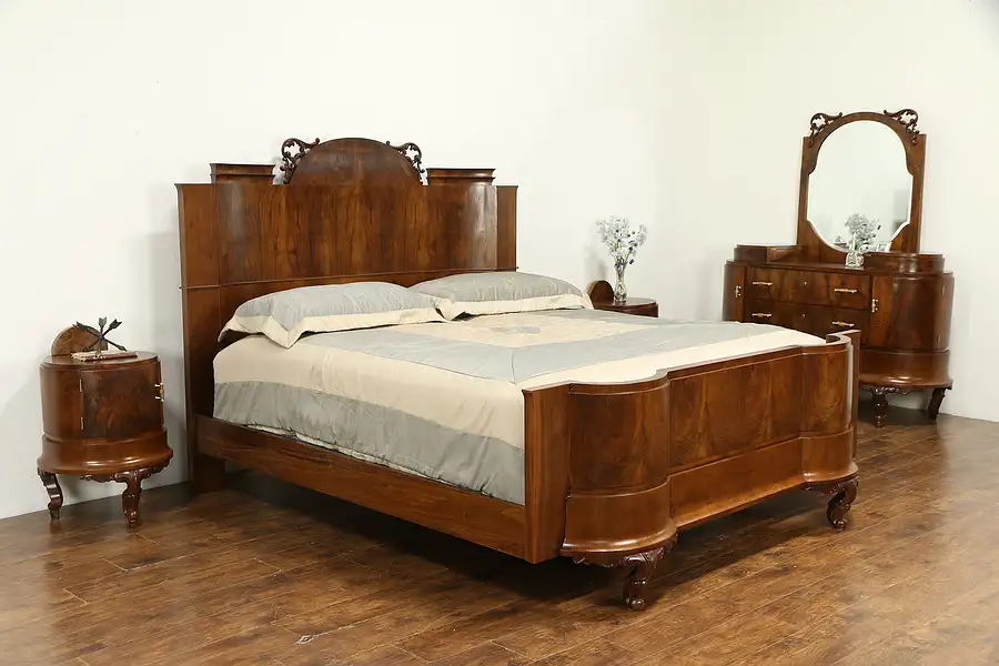 Main image of King Size Italian Art Deco Antique 4 Pc Olive Burl Bedroom Set, Bakelite