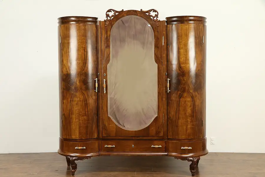 Main image of Italian Art Deco Antique Olive Burl Armoire, Wardrobe or Closet, Bakelite