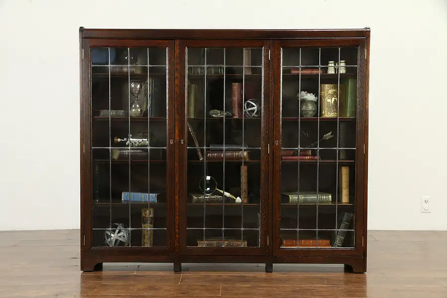 Main image of Oak Antique Triple Library Bookcase, Leaded Wavy Glass Doors