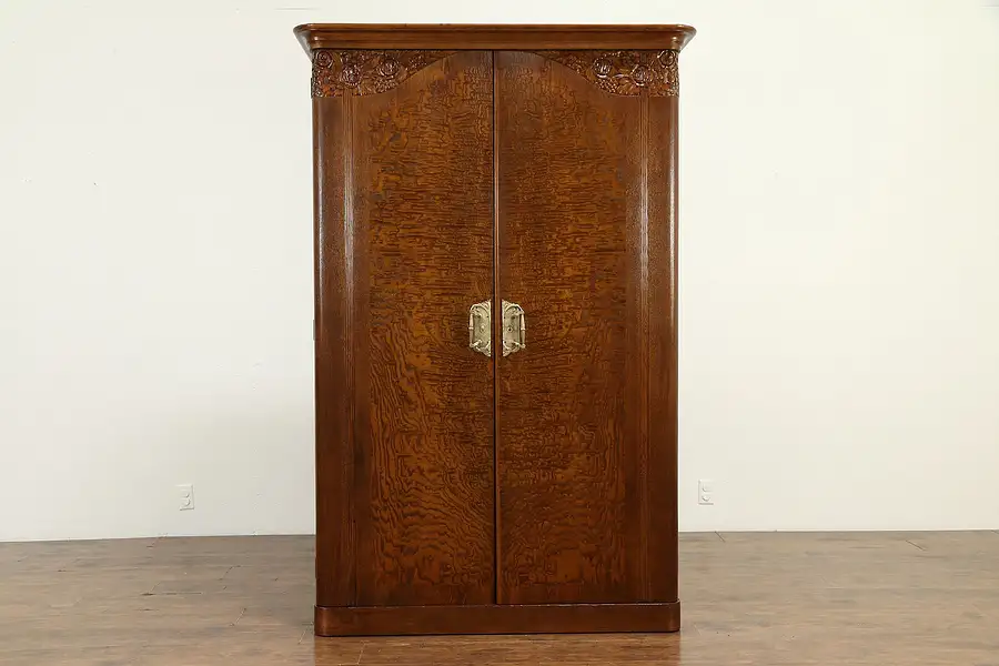 Main image of French Art Deco Antique Carved Oak & Ash Burl Armoire or Wardrobe