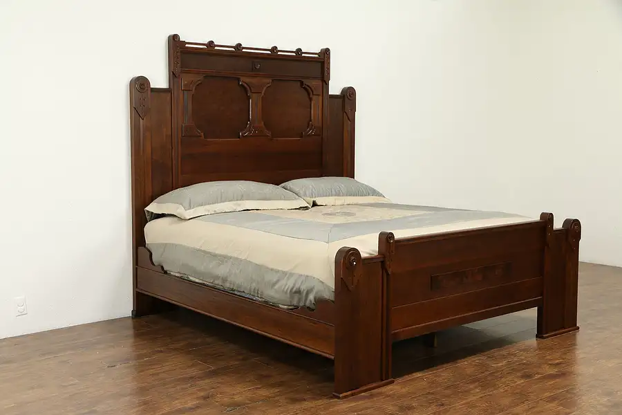 Main image of Victorian Eastlake Antique 1880 Walnut, Burl & Marquetry King Size Bed