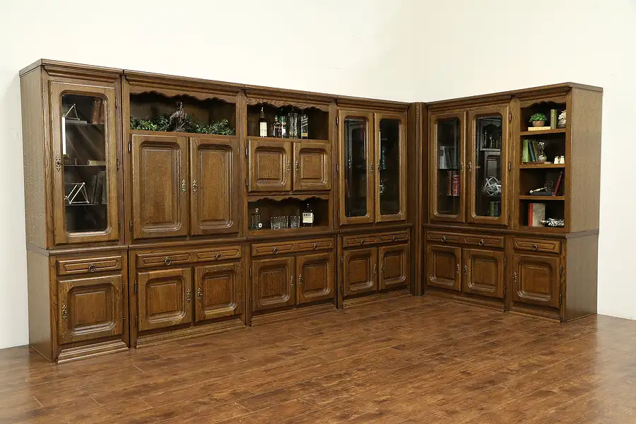 Main image of Oak Vintage 17' Wall Unit Bookcase & Bar, Cabinet, Wall or Corner