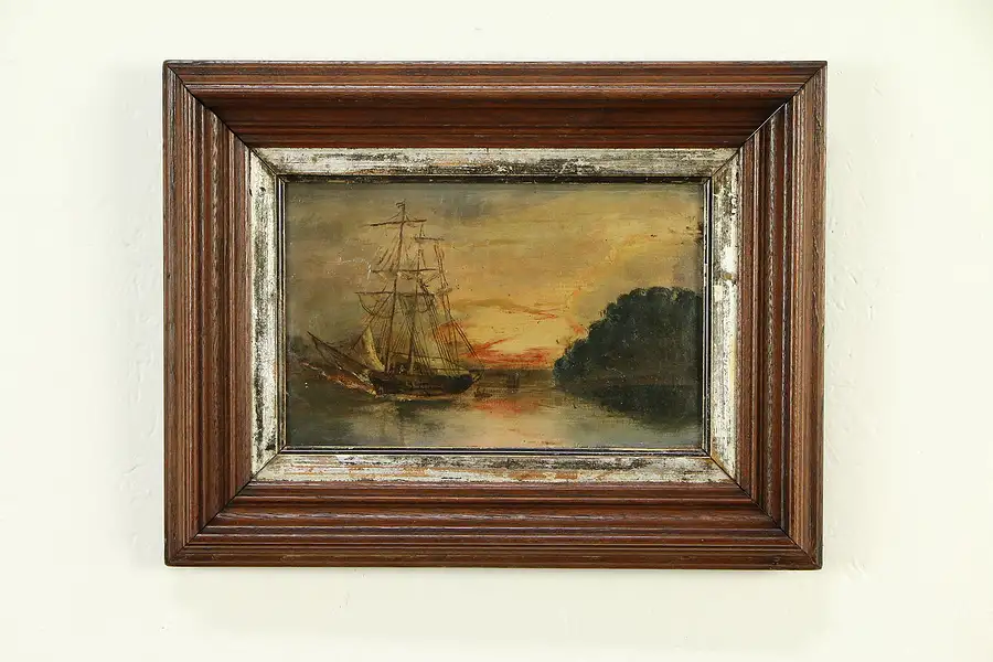 Main image of Sailing Ship At Sunset, Antique 1860 Original Oil Painting, Walnut Frame