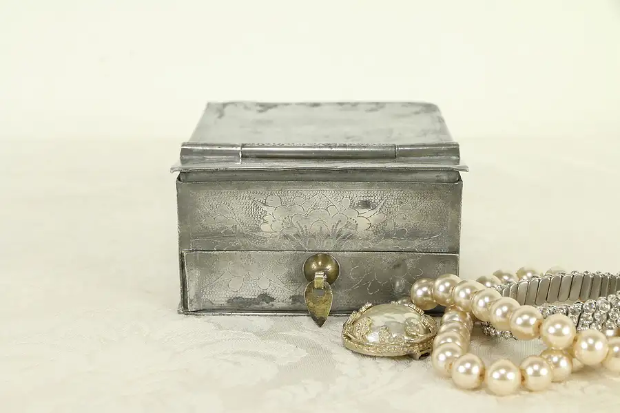 Main image of Pewter Antique Chinese Travel Dressing Makeup Case, Mirror