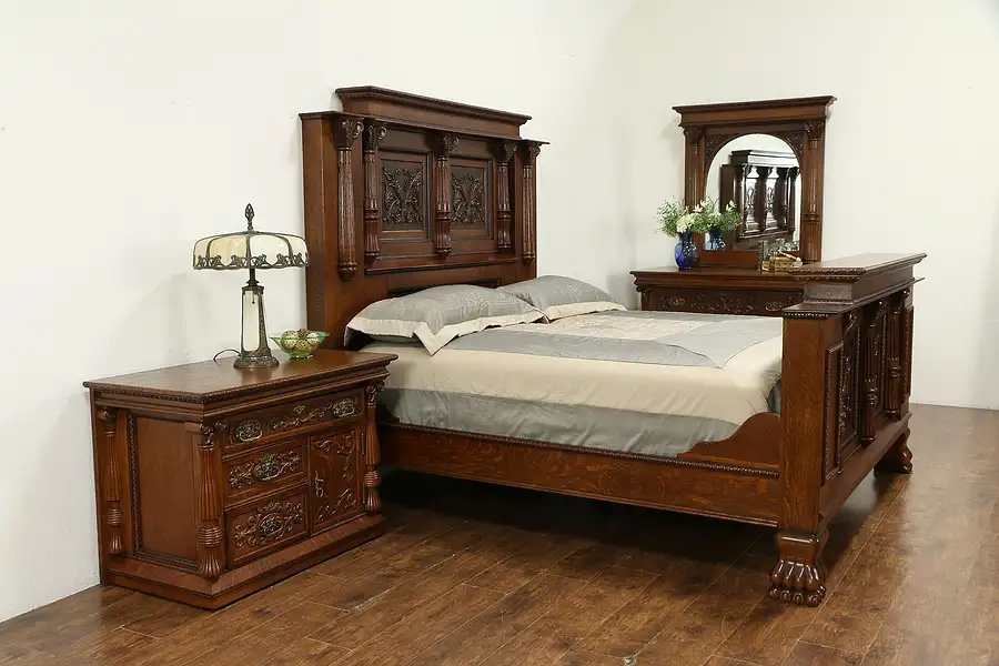 Main image of Victorian Antique Carved Oak Monumental 3 Pc Bedroom Set, King Size Bed