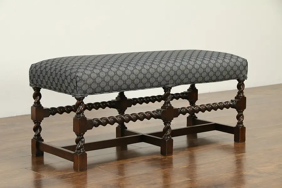 Main image of English Tudor Design Antique Oak 6 Spiral Leg Bench, New Upholstery