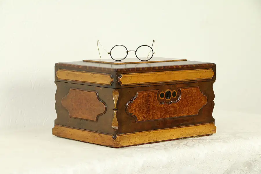 Main image of Victorian Antique Curly Maple Marquetry Jewelry Chest or Keepsake Box