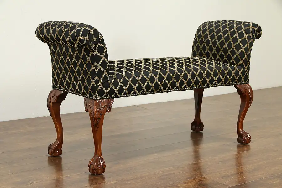 Main image of Traditional Design Mahogany Bench, Scrolled Arms, Carved Claw Feet