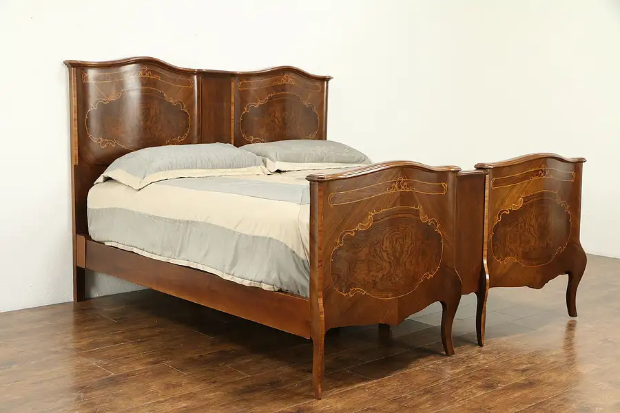 Main image of Italian Mahogany & Burl Marquetry Bombe 1900 Antique King Size Bed