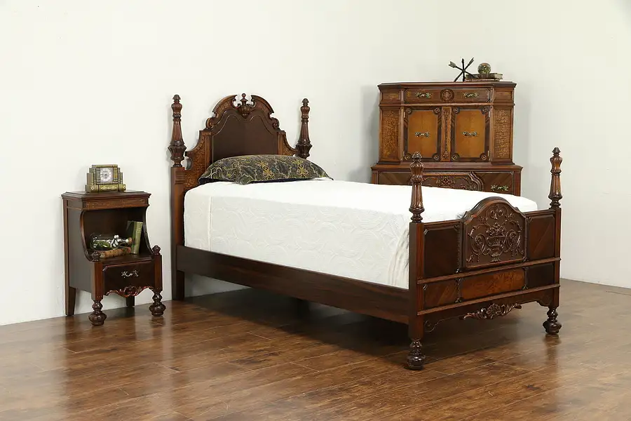 Main image of English Tudor Antique Bedroom Set, Twin Bed, Chest, Nightstand, Nypenn