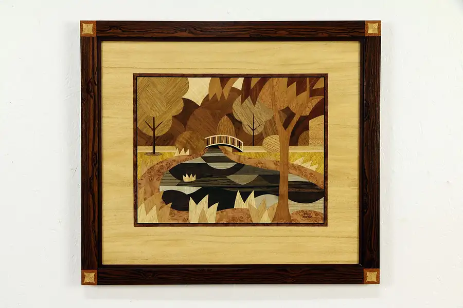 Main image of Smith Park Bridge Menasha WI Original Marquetry Custom Frame Bruce Bodden