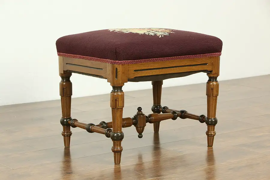 Main image of Victorian Antique Walnut Bench or Stool, Needlepoint Upholstery