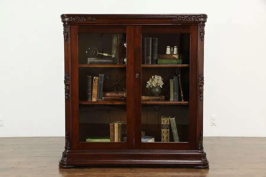 Main image of German Antique Mahogany Bookcase, Adjustable Shelves