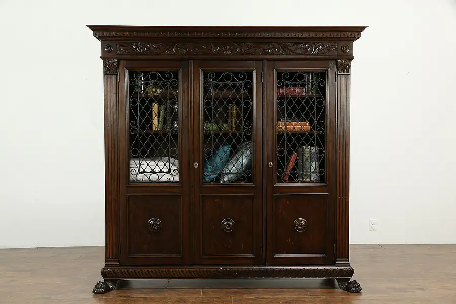 Main image of Italian Antique Walnut Triple Bookcase, Carved Lion Paws, Iron Grills