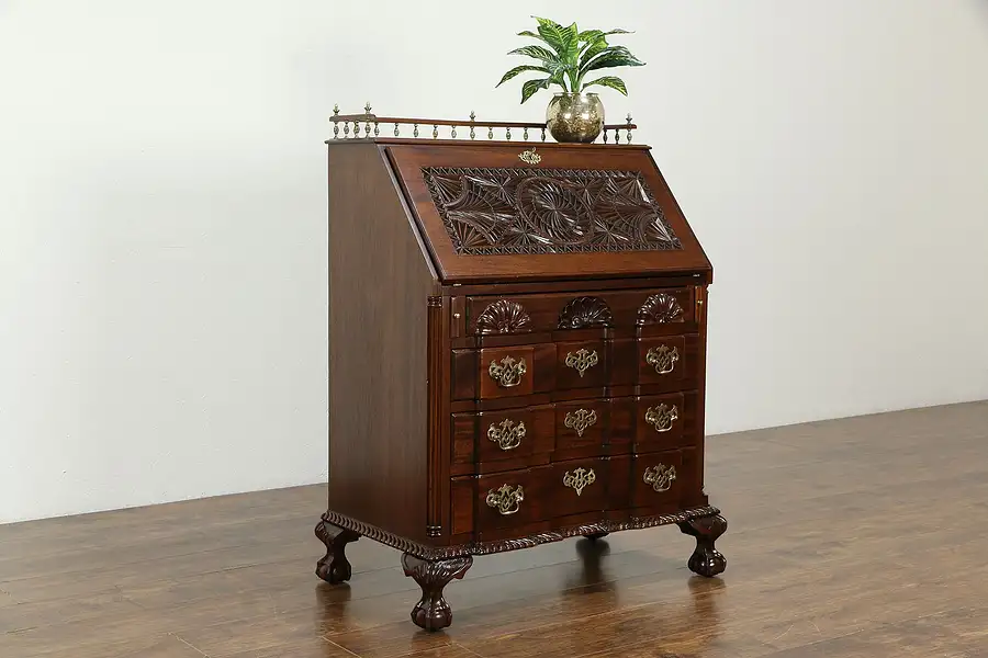 Main image of Victorian Carved Mahogany Secretary Desk, Claw Feet, Block Front