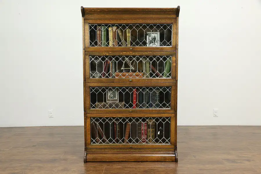 Main image of Oak Antique Lawyer 4 Stack Bookcase, Leaded Glass Doors