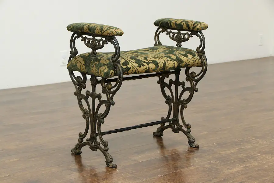 Main image of Iron 24" Bench with Arms, Griffin Heads, New Upholstery