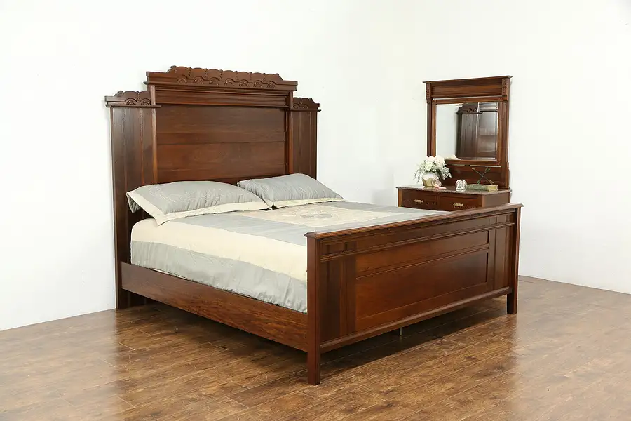 Main image of Victorian Eastlake Antique Bedroom Set, King Size Bed, Marble Chest