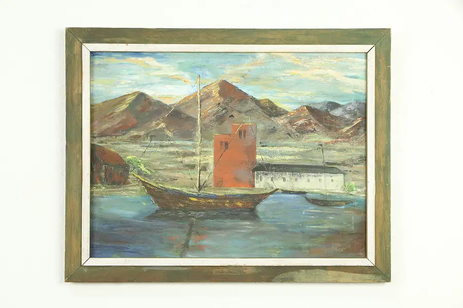 Main image of Sailboat and Mountains Original Vintage Oil Painting Signed