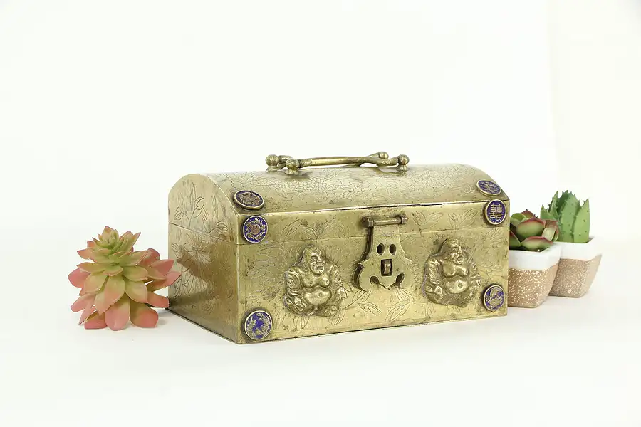 Main image of Engraved Brass Antique Jewelry Chest or Treasure Box, Buddha & Enamel