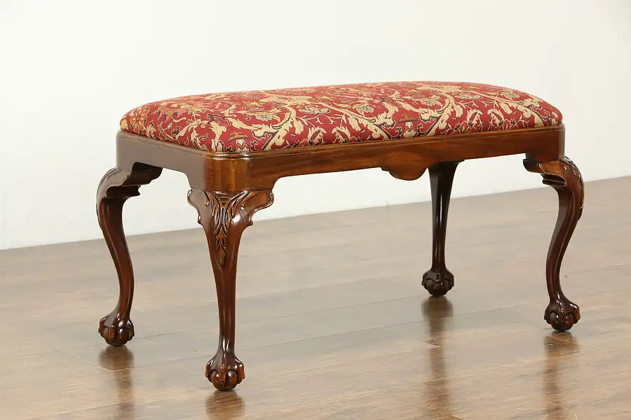 Main image of Georgian Design Vintage Mahogany Bench, New Upholstery Signed Hickory